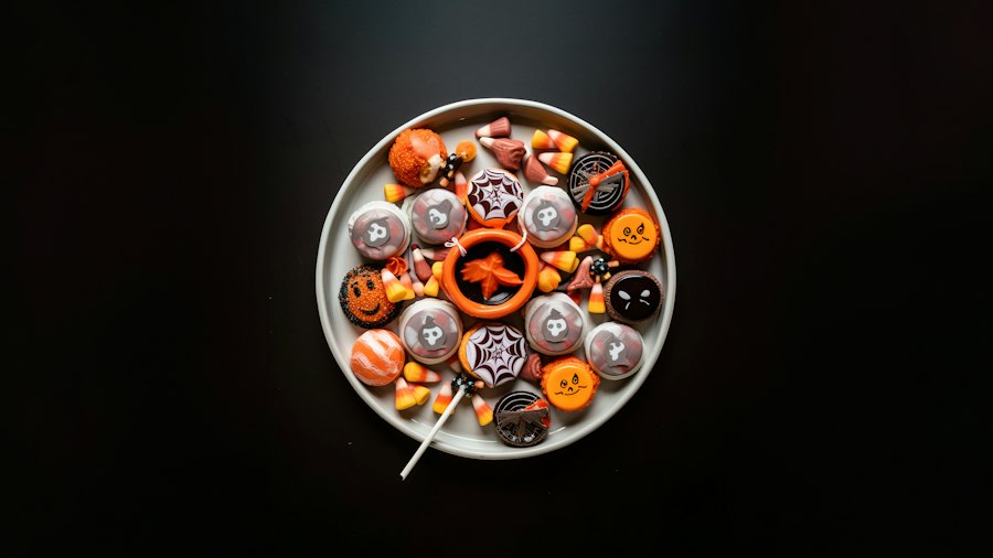 Plate of Halloween cookies and candy